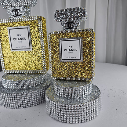 gold chanel birthday decorations Handmade foam Chanel inspired perfume bottle centerpiece gold silver for fashion themed birthday party decor
