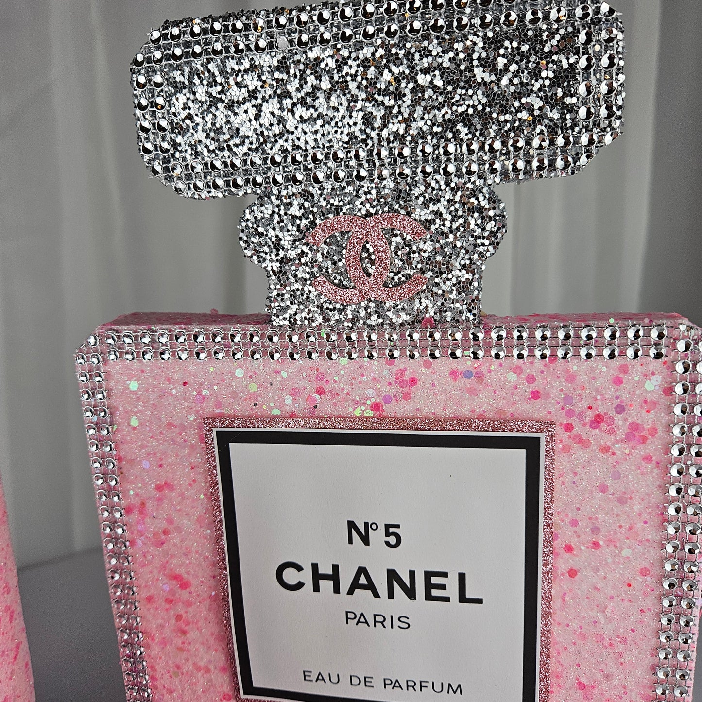 pink chanel birthday decorations Handmade foam Chanel inspired perfume centerpiece in pink and silver for glam parties