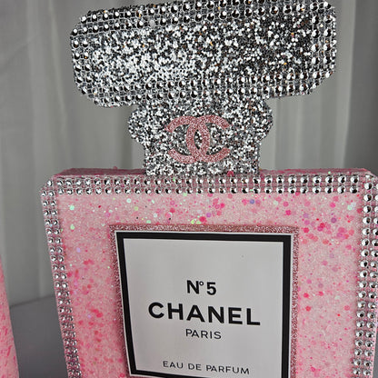 pink chanel birthday decorations Handmade foam Chanel inspired perfume centerpiece in pink and silver for glam parties