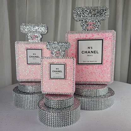 pink chanel birthday decorations Set of pink and silver Chanel inspired perfume centerpieces for Paris themed birthday decor