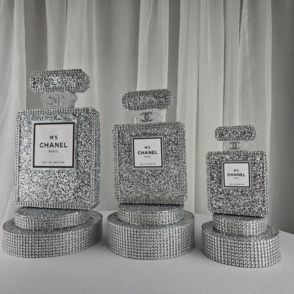 Handmade foam Chanel inspired silver perfume centerpiece for glam parties