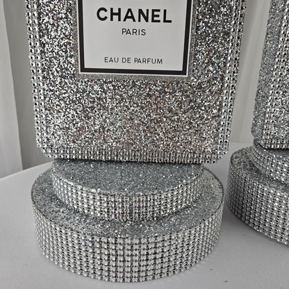 Size view of Chanel inspired silver perfume centerpiece for party table