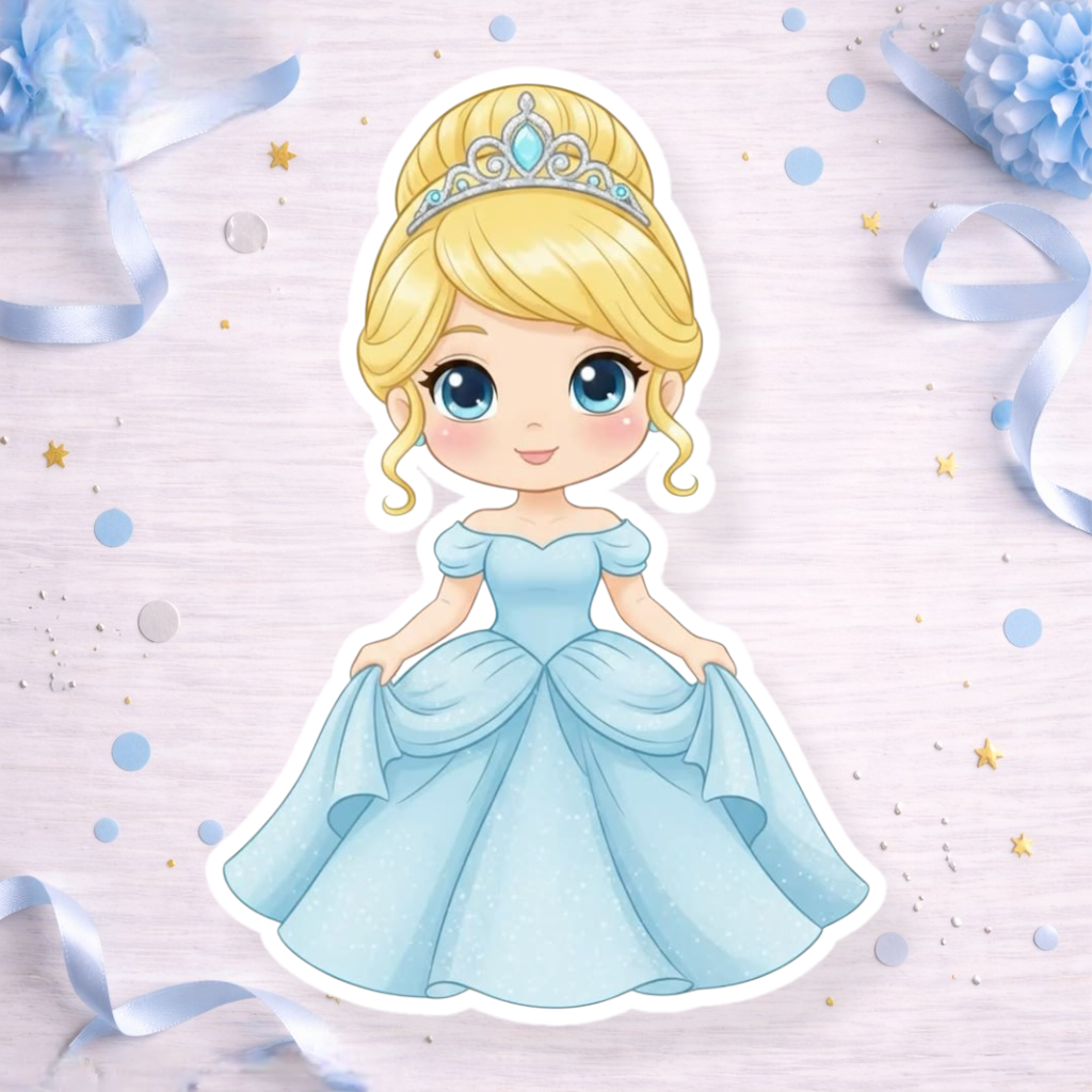 Chibi Cinderella crown princess decoration for Cinderella themed birthday party cake topper, cupcake topper or foam cutout decoration.

