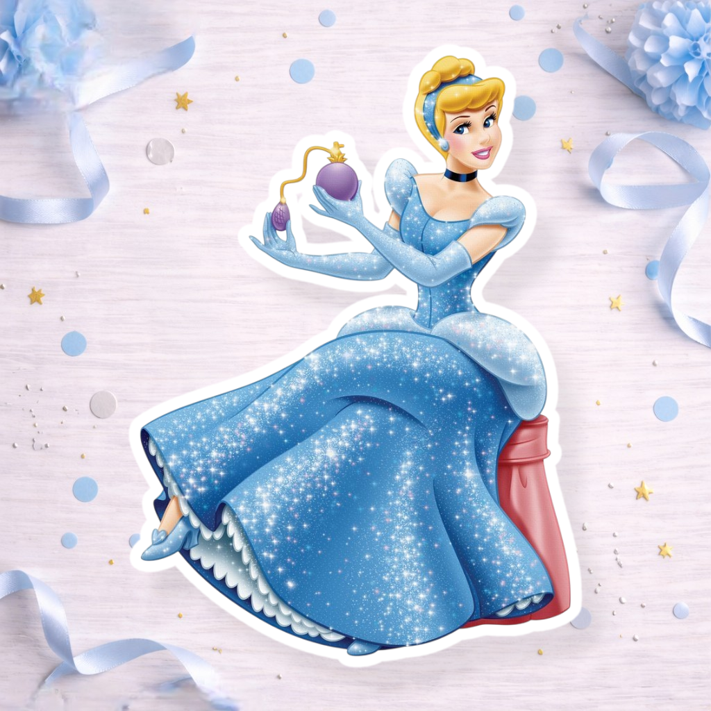 Cinderella holding perfume princess decoration for Cinderella themed birthday party cake topper, cupcake topper or foam cutout decoration.