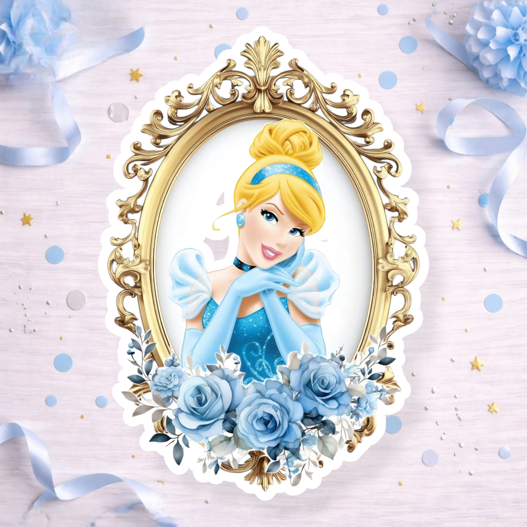 Cinderella royal frame cake topper decoration with gold frame and blue roses, princess birthday cake topper, cupcake topper or foam cutout for Cinderella themed party.


