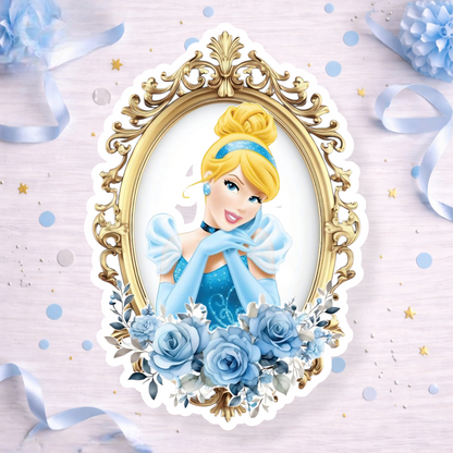 Cinderella royal frame cake topper decoration with gold frame and blue roses, princess birthday cake topper, cupcake topper or foam cutout for Cinderella themed party.

