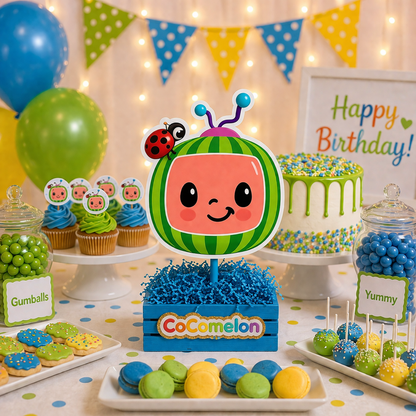 Cocomelon birthday centerpiece displayed on colorful party table for kids celebration

