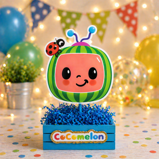 Cocomelon centerpiece for birthday party table decoration with watermelon design and blue base