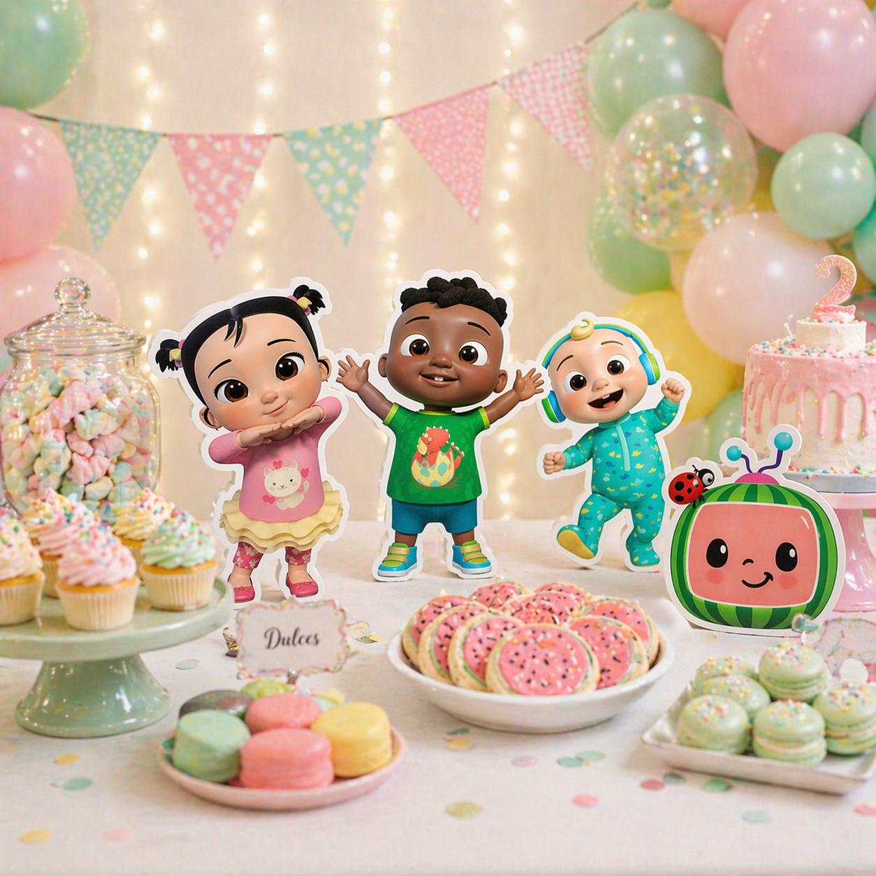 Cocomelon centerpiece foam cutouts candy bar setup with JJ Cody and Cece birthday party decorations

