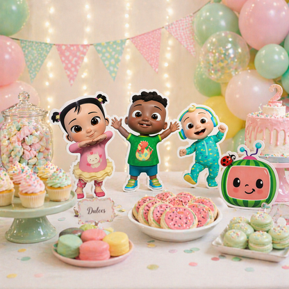 Cocomelon centerpiece foam cutouts candy bar setup with JJ Cody and Cece birthday party decorations

