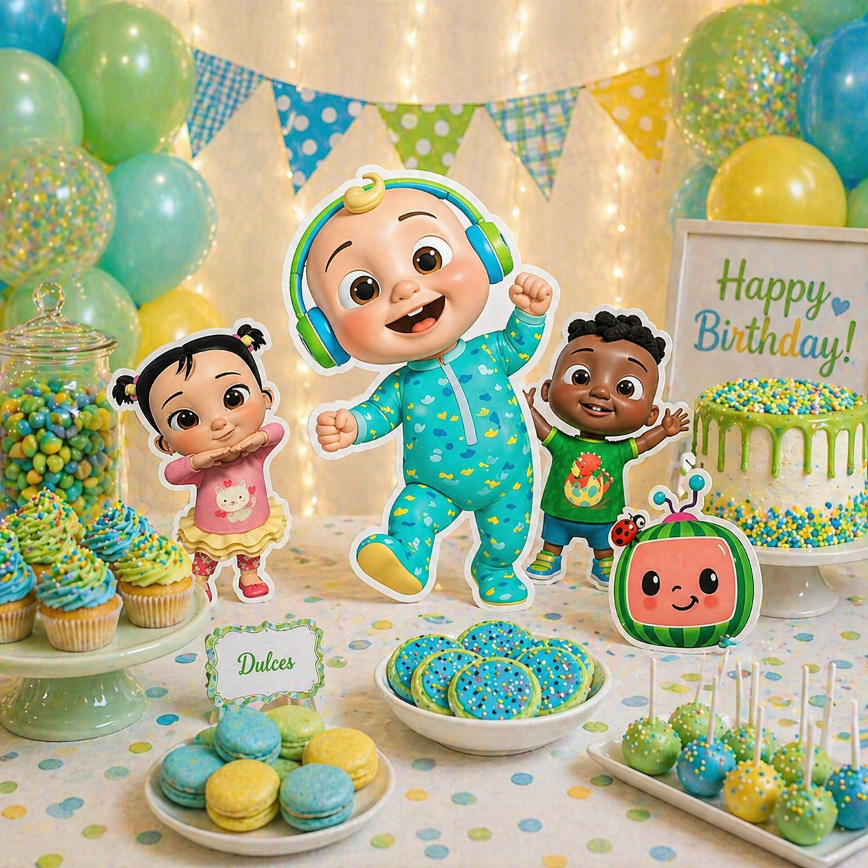 Cocomelon characters cutout centerpieces displayed on decorated birthday table for kids party

