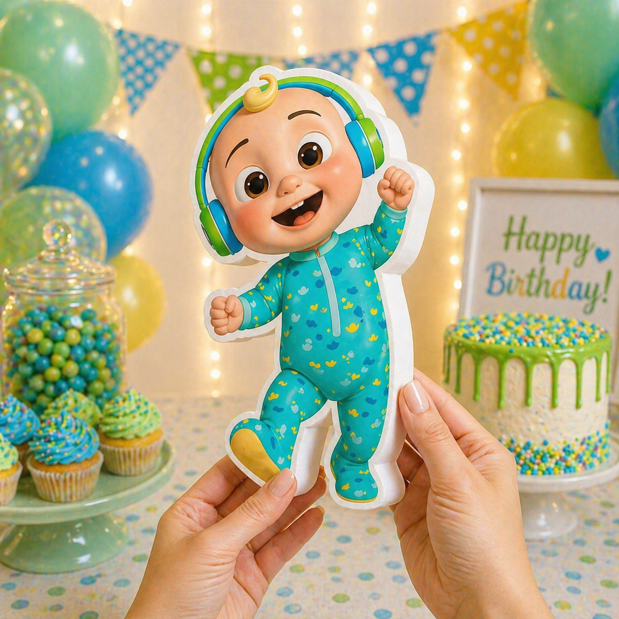 Cocomelon JJ birthday table centerpiece decoration with bright colors for kids party setup

