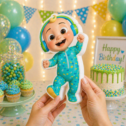 Cocomelon JJ birthday table centerpiece decoration with bright colors for kids party setup

