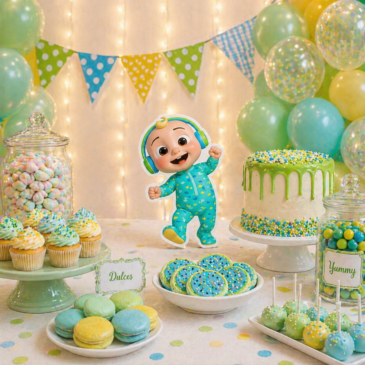 Cocomelon JJ cutout centerpiece displayed on decorated birthday table with colorful party setup

