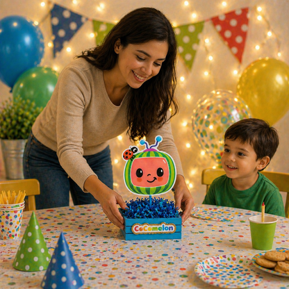 Cocomelon party centerpiece used as kids birthday table decoration with bright colors