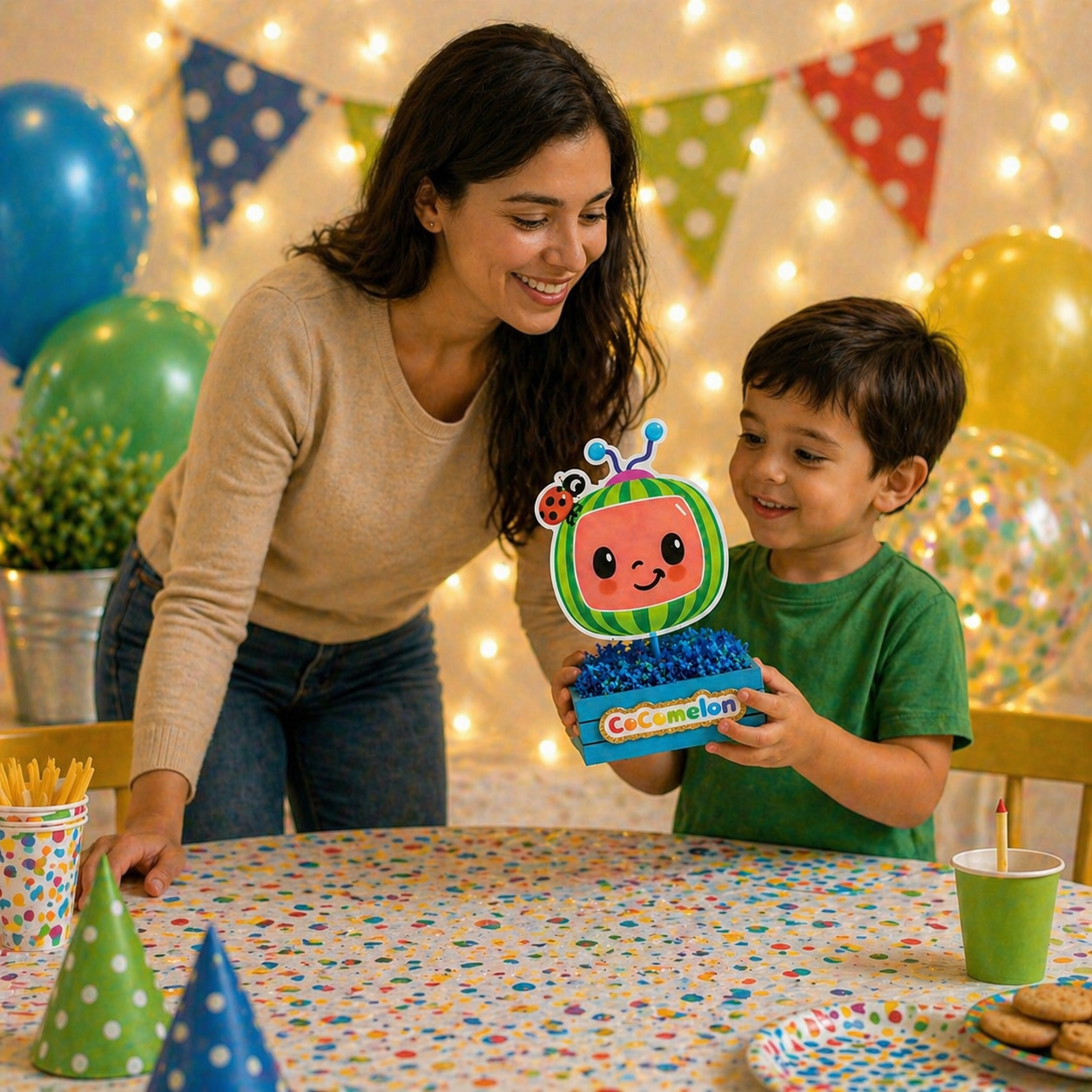 Cocomelon themed centerpiece on decorated birthday table with balloons and party setup

