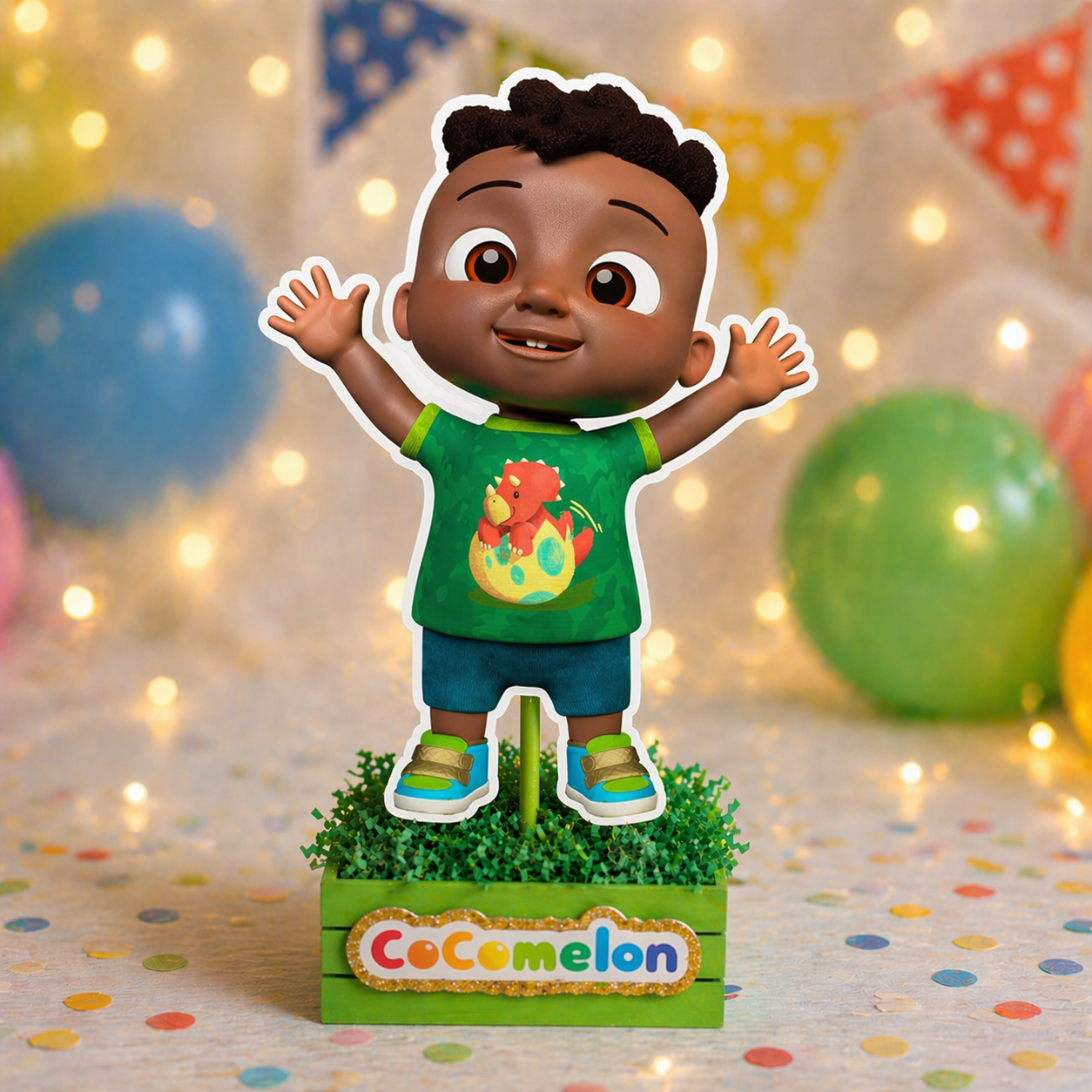 cody Cocomelon centerpiece character on green base for kids birthday party table decor