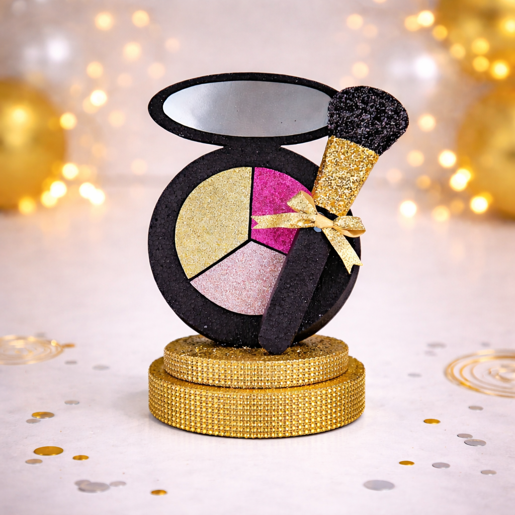 eyeshadow centerpiece makeup party table decoration Eyeshadow makeup centerpiece displayed on glam party table with beauty themed decoration