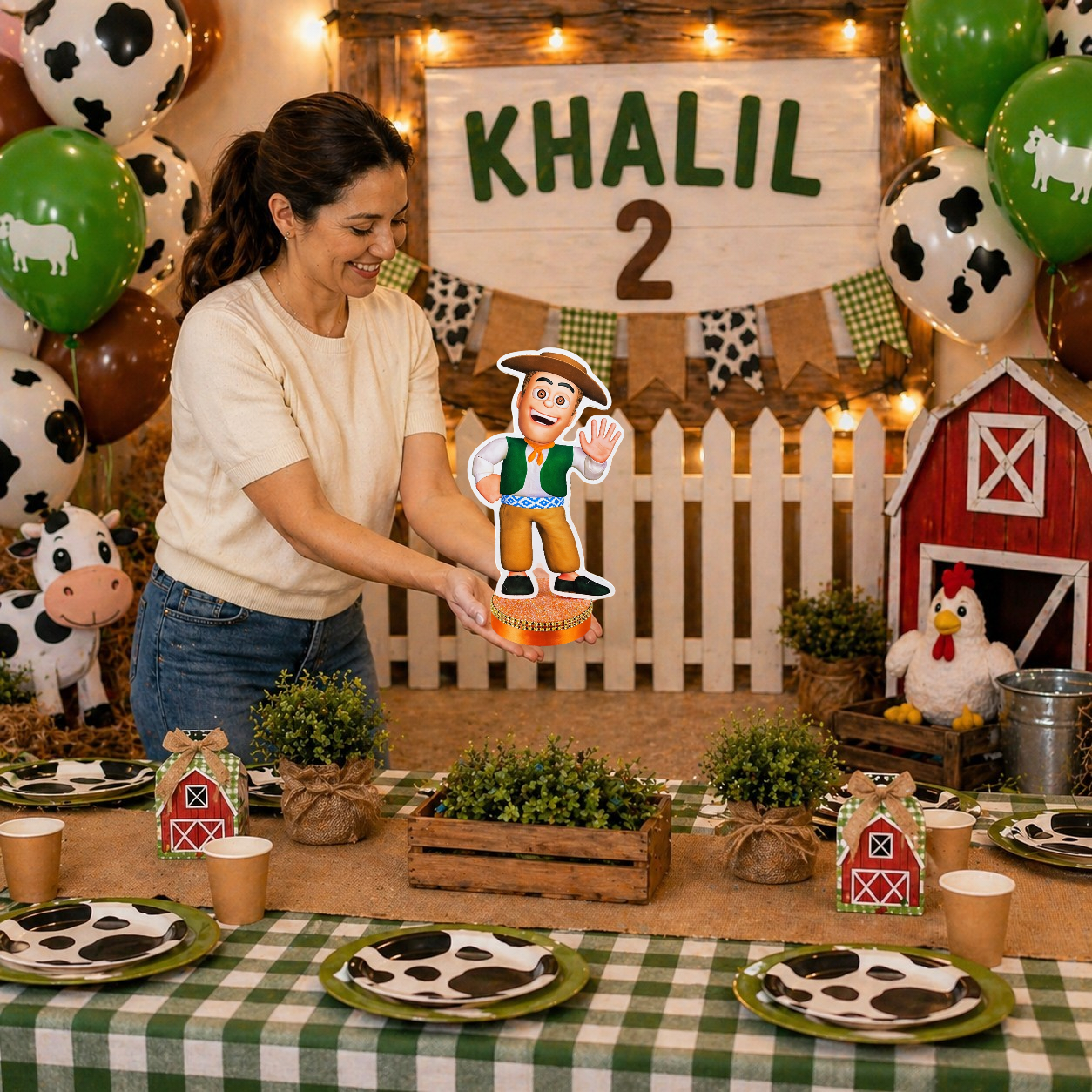 Farm party decorations centerpiece for kids barnyard birthday setup with animals

