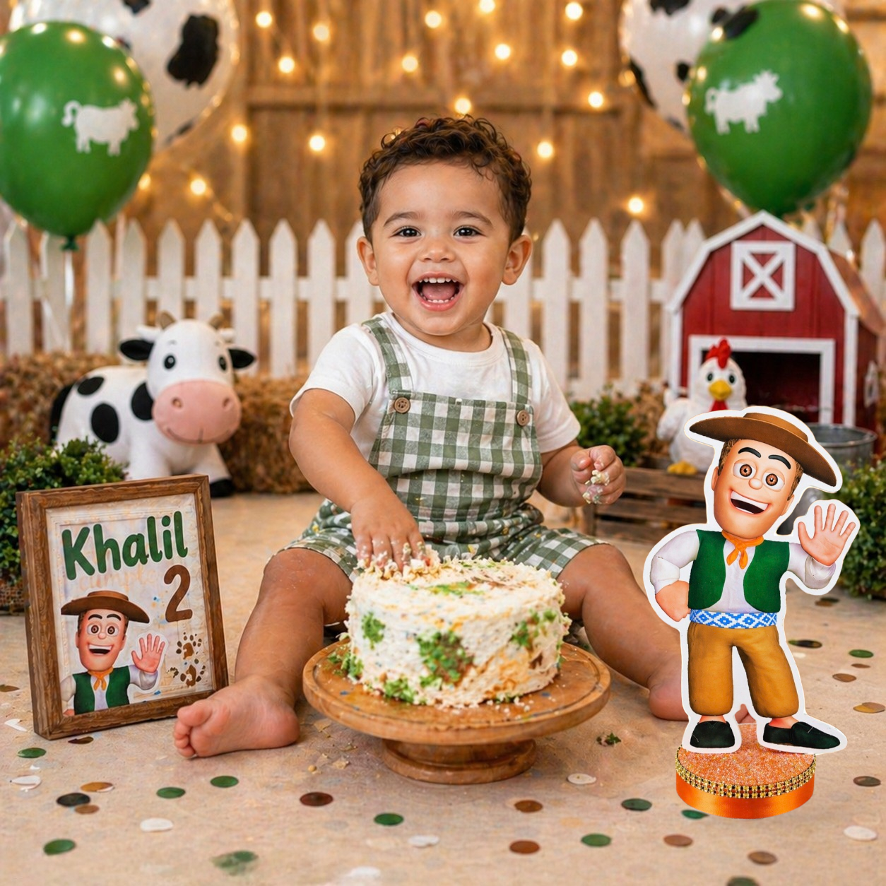 Farm theme birthday decorations for kids with colorful centerpiece display

