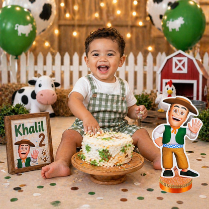 Farm theme birthday decorations for kids with colorful centerpiece display

