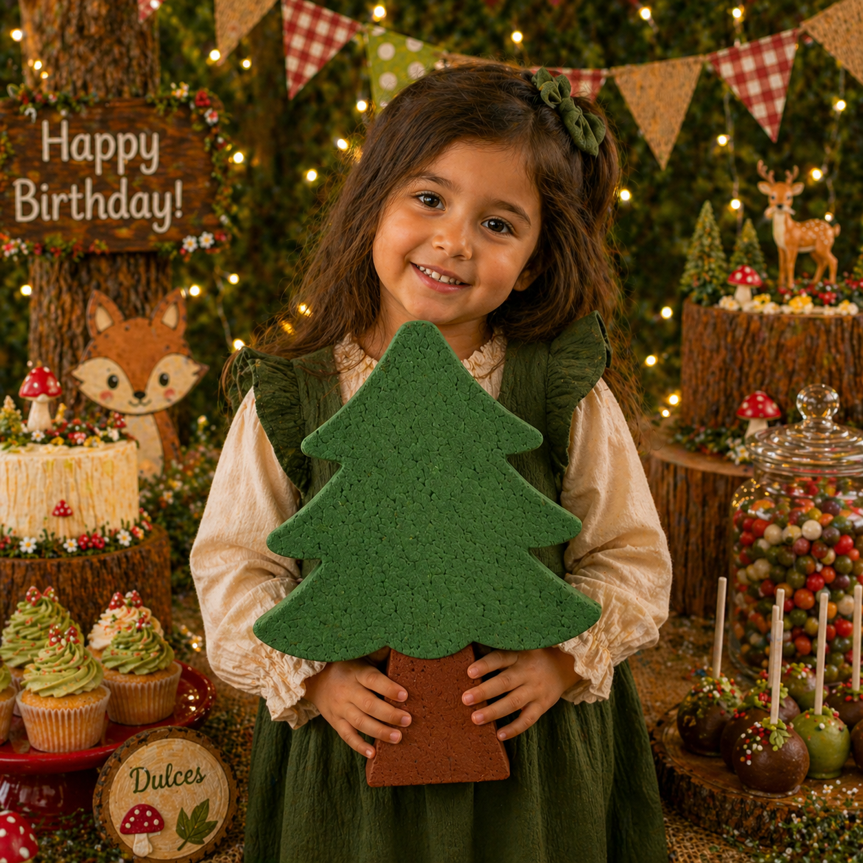 Forest pine tree centerpiece displayed on nature themed birthday table with rustic party decor