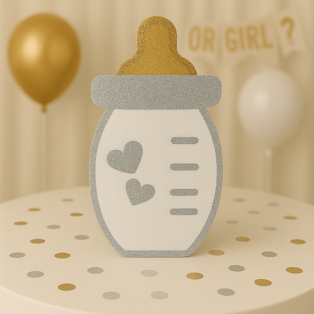 Handmade glitter baby shower centerpiece shaped like a bottle for gender-neutral or themed parties