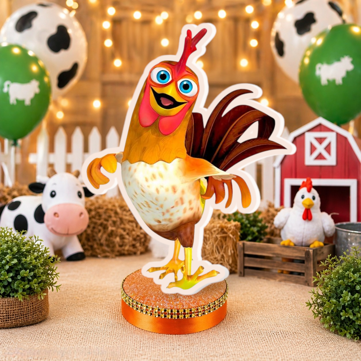 Bartolito chicken centerpiece from Granja de Zenon for farm birthday decorations kids party

