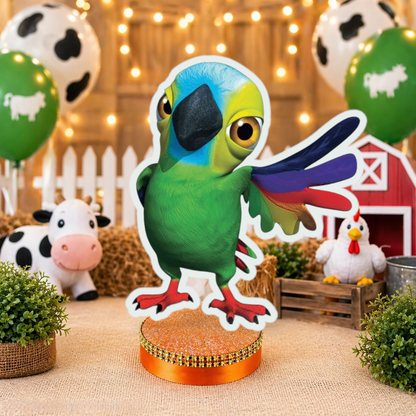 Pepe parrot centerpiece from Granja de Zenon for farm party decorations kids birthday

