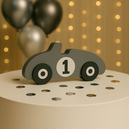 Gray Handmade racing car table centerpiece for birthday décor.