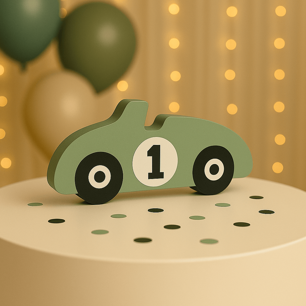 Handmade racing car table centerpiece for birthday décor.