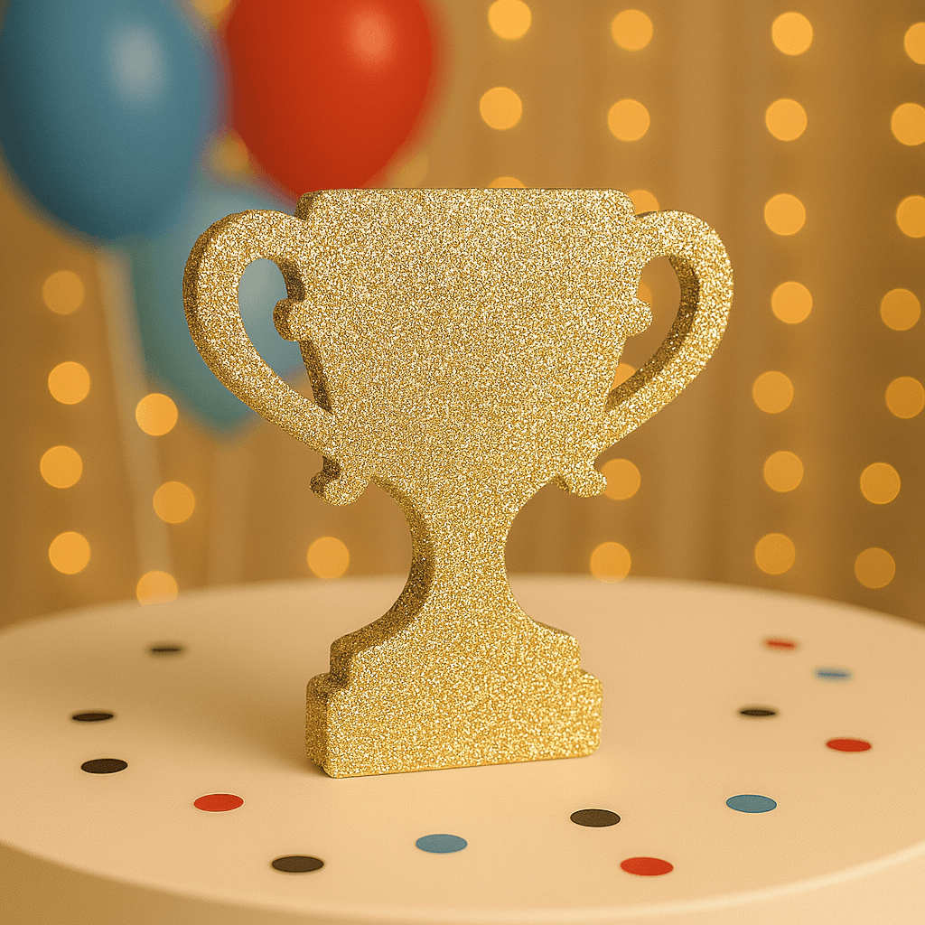 Handmade racing trophy centerpiece with gold finish for birthday decorations.