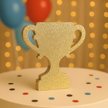 Handmade racing trophy centerpiece with gold finish for birthday decorations.