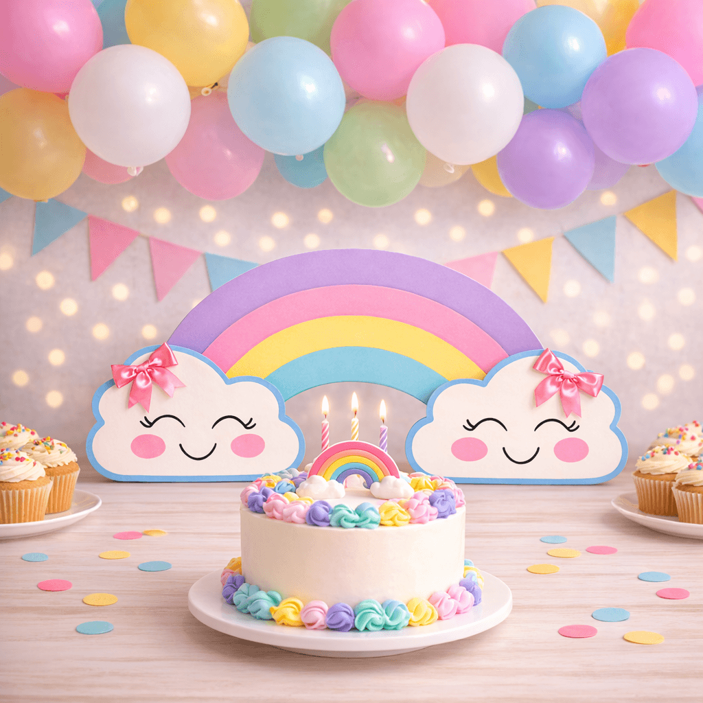 Handmade foam rainbow centerpiece with clouds for rainbow themed birthday party table