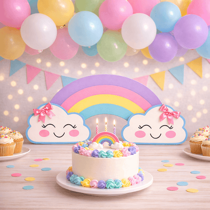 Handmade foam rainbow centerpiece with clouds for rainbow themed birthday party table