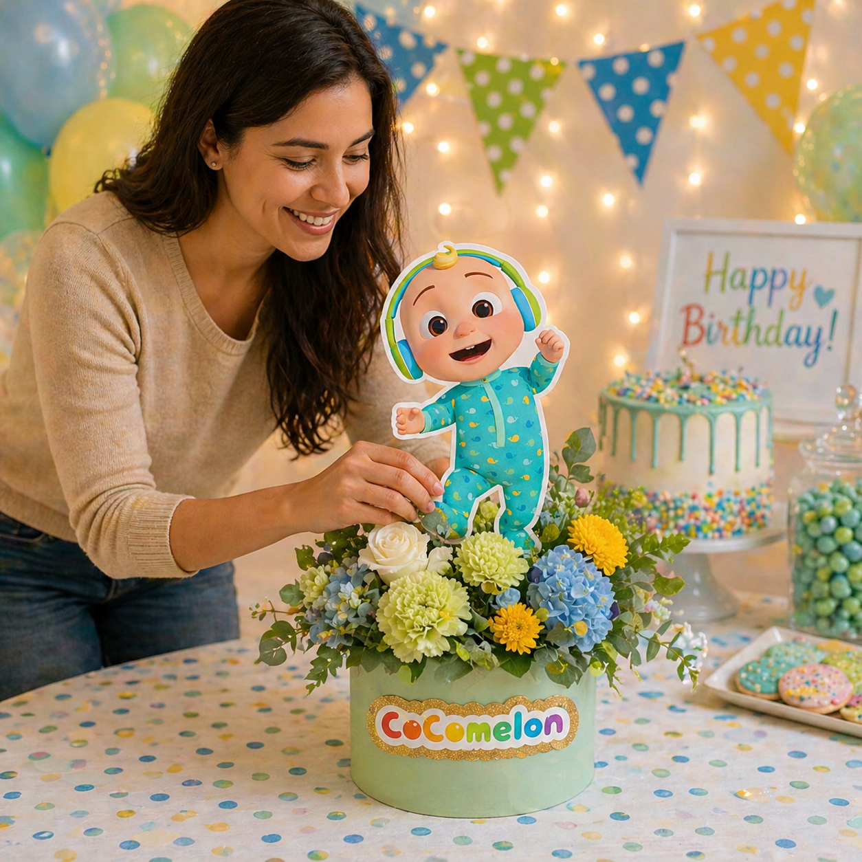 JJ Cocomelon foam cutout centerpiece used as kids birthday party decoration on table setup