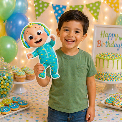 JJ from Cocomelon centerpiece placed on kids party table with colorful birthday decoration setup

