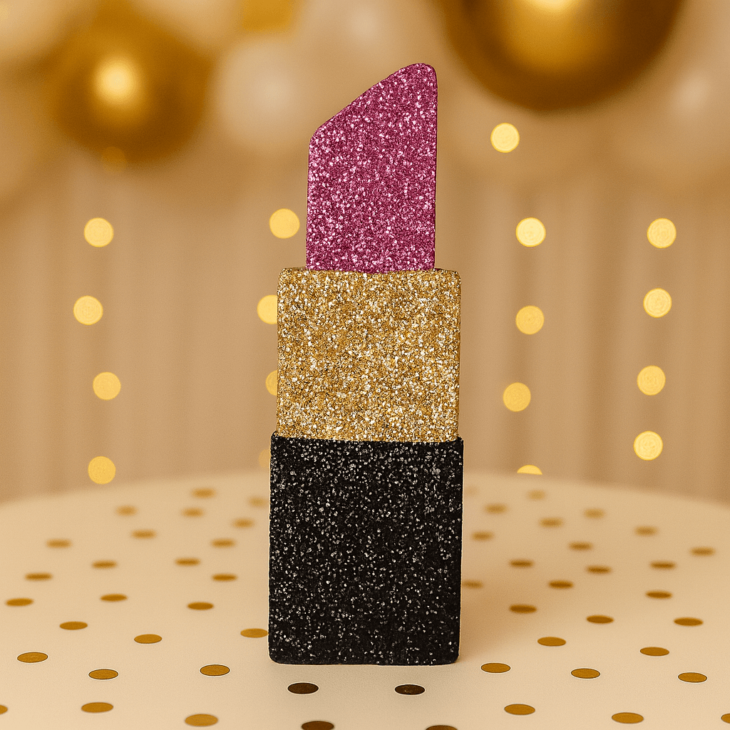Handmade lipstick centerpiece with glitter for makeup and spa party décor.