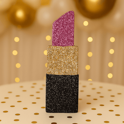 Handmade lipstick centerpiece with glitter for makeup and spa party décor.