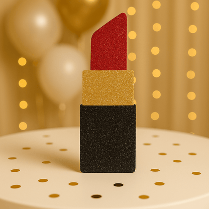 Glitter lipstick foam decoration for girly birthday party table.