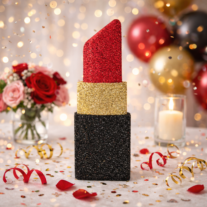 lipstick centerpiece with cake for makeup party decorations setup

