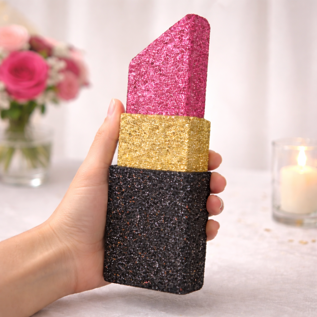 glitter lipstick centerpiece detail for makeup party decorations


