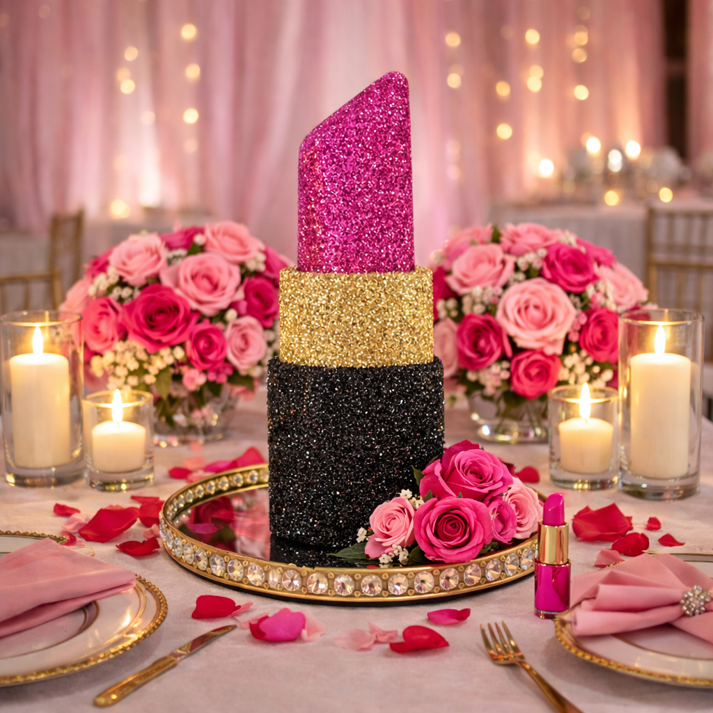 lipstick centerpiece in party table setup for makeup party decorations

