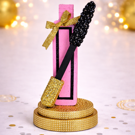 Mascara makeup centerpiece displayed on glam party table with beauty themed decoration mascara centerpiece makeup party table decoration