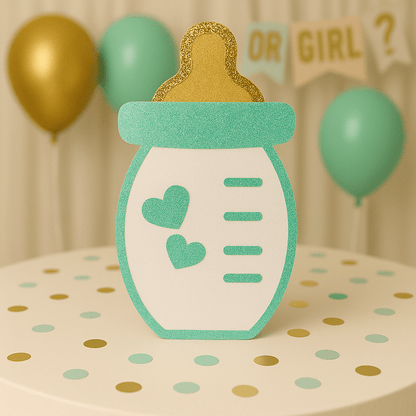 Mint glitter baby bottle centerpiece handmade foam décor for baby shower or gender reveal celebration