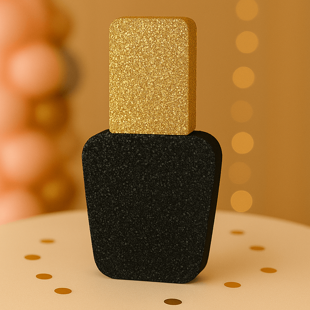 Nail polish centerpiece with gold cap and black polish for makeup party table decoration

