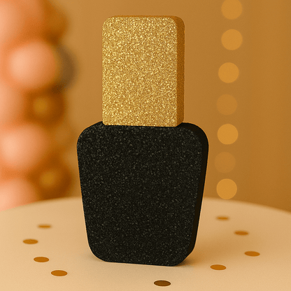 Nail polish centerpiece with gold cap and black polish for makeup party table decoration

