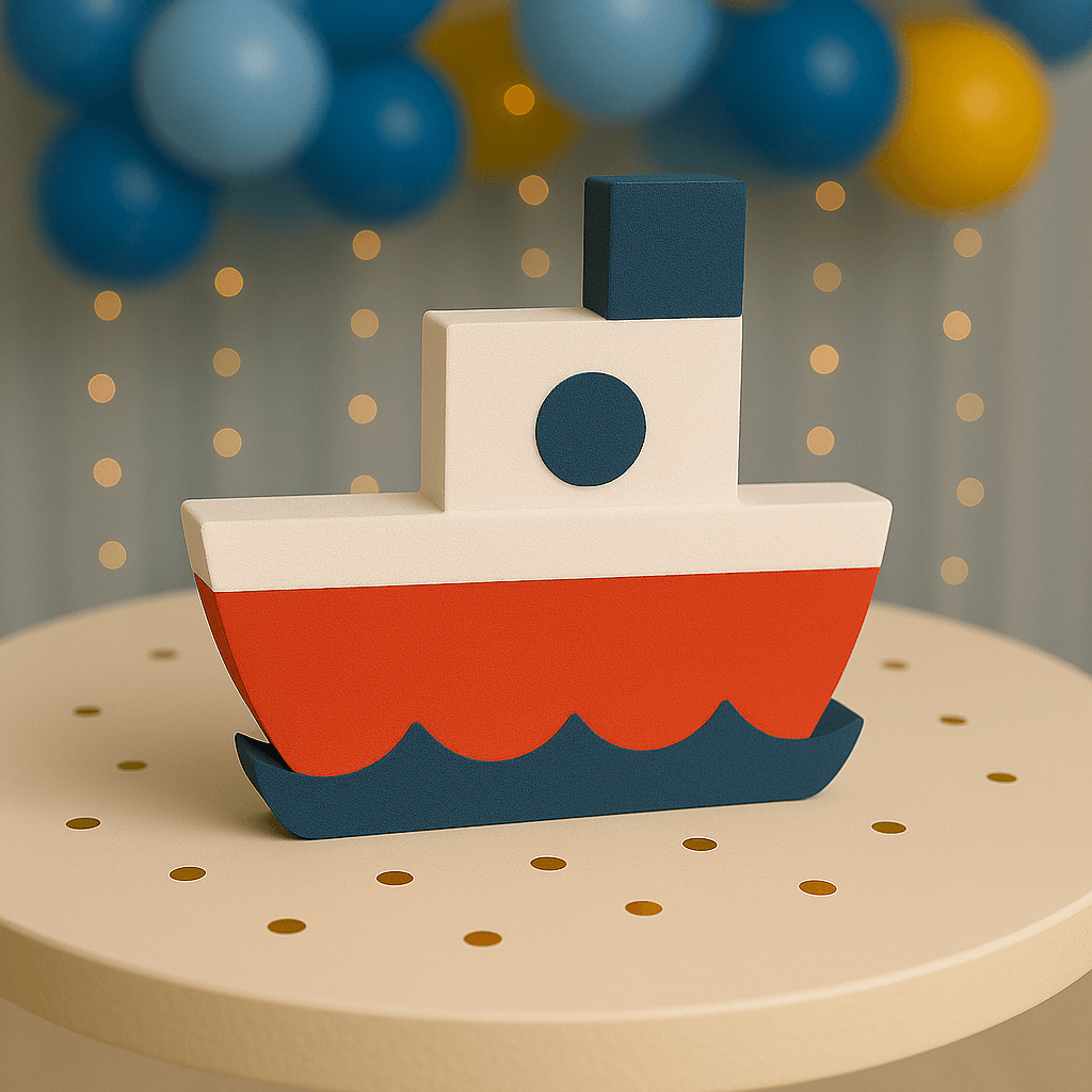 Nautical boat centerpiece handmade from painted foam for sailor, beach, and nautical themed birthday parties