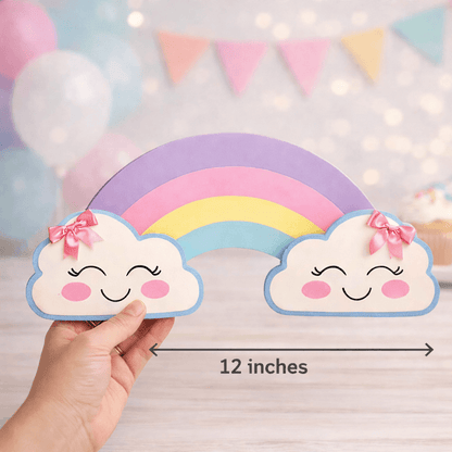 Pastel rainbow centerpiece with smiling clouds for kids rainbow birthday party decorations