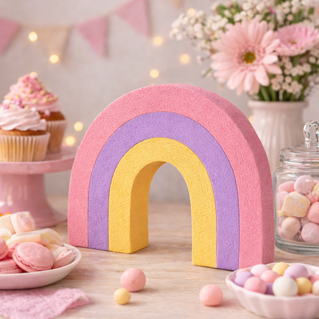 Pastel pink rainbow centerpiece for rainbow birthday party table decoration